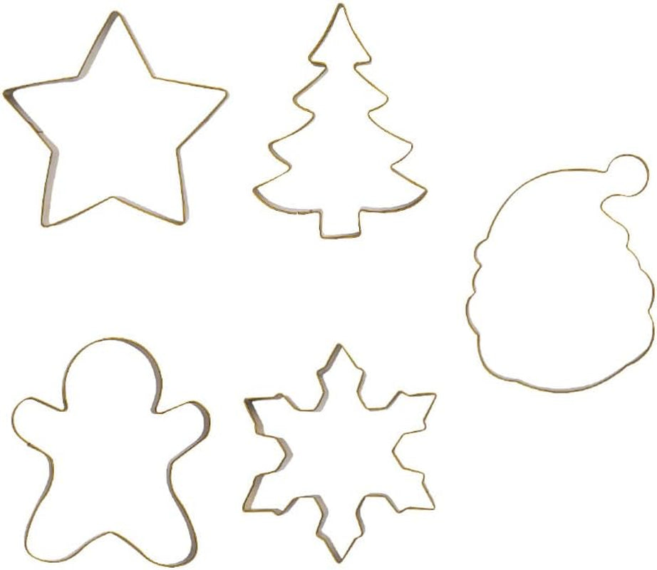 0255410 Forme de biscuiți de Crăciun, fabricate din oțel placat cu aur și plastic, setul ideal pentru decorațiuni din pastă de zahăr sau pastă de gumă, Fabricate în Italia, design original. Pachet de 5.