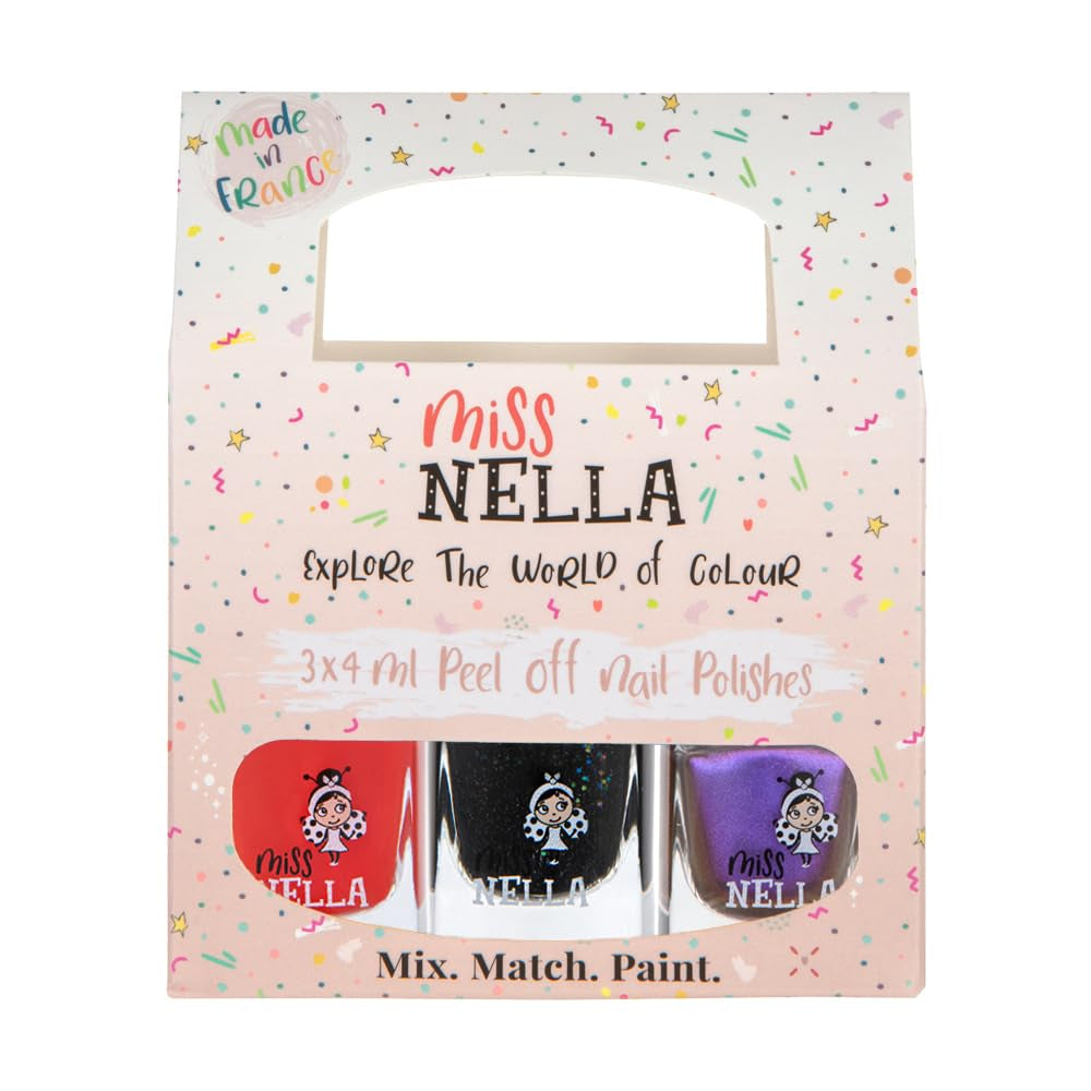 Miss Nella Magic Collection 4-delt glitter neglelaksæt: Pink, rød, guld og blå, special aftagelig neglelak til børn, ikke-giftig, vandbaseret, lugtfri