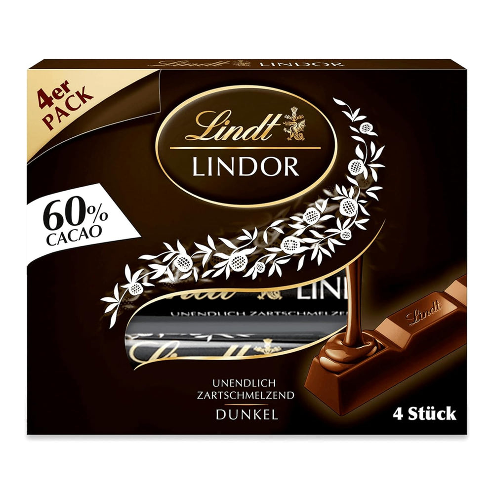Lindt Chokolade | Stænger LINDOR 60% Kakao | 100 g | 4 chokoladebarer med mørk chokolade 60% kakao og smelte-i-mund-fyld | Chokoladebar