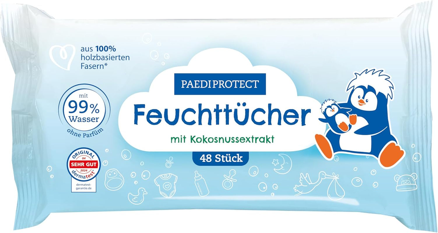 PAEDIPROTECT Baby vådservietter 1 x 10 stk. Sensitive baby vandvådservietter 99% vandparfumefri baby & børn delikat hud kokosekstrakt Mikroplastfri vegansk (5 pakke)