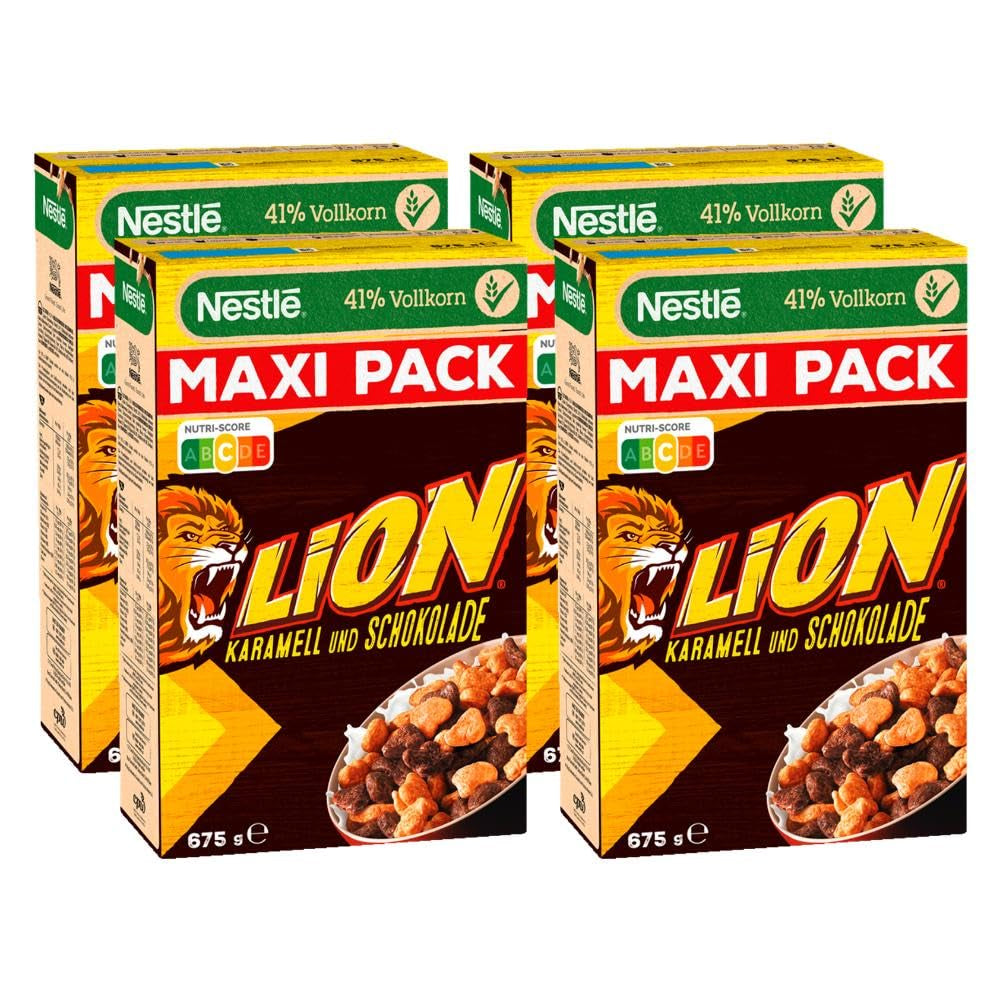 Nestlé løvekorn, cornflakes med chokoladekaramelsmag, 41 % vitale fuldkorn, vitaminer og mineraler, sprøde flager, Maxi Value Pack, pakke med 4 (4 x 675 g)