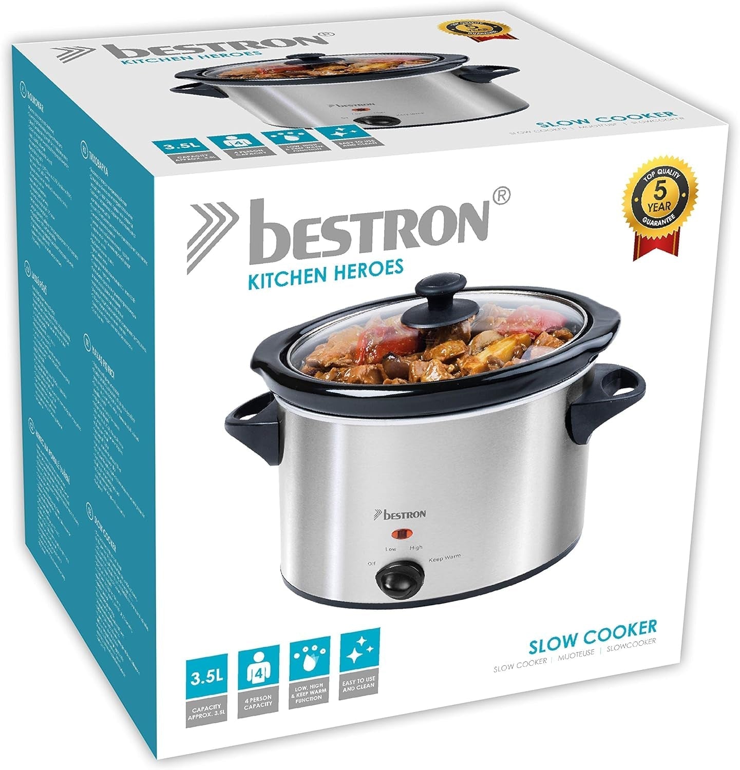 Bestron slow cooker cu tigaie ceramică și capac din sticlă, termostat cu 3 niveluri, ideal pentru multe feluri de mâncare, cum ar fi carne, supe și legume, 3,5 litri, culoare: argintiu Slow Cooker Naty Shop