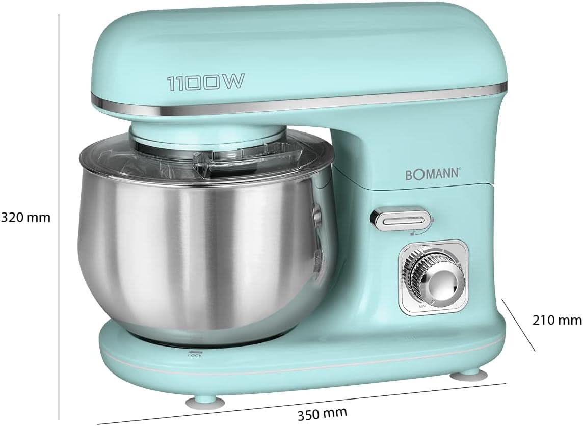 Bomann® Retro Küchenmaschine Zum Backen | Knetmaschine 5L |Starker 1100W Motor | Teigmaschine Inkl. Haken & Schneebesen | Retro Teigknetmaschine Spritzschutz Mit Nachfüllöffnung – KM 6030 CB Mint-Grün Mama si Copilul Naty Shop