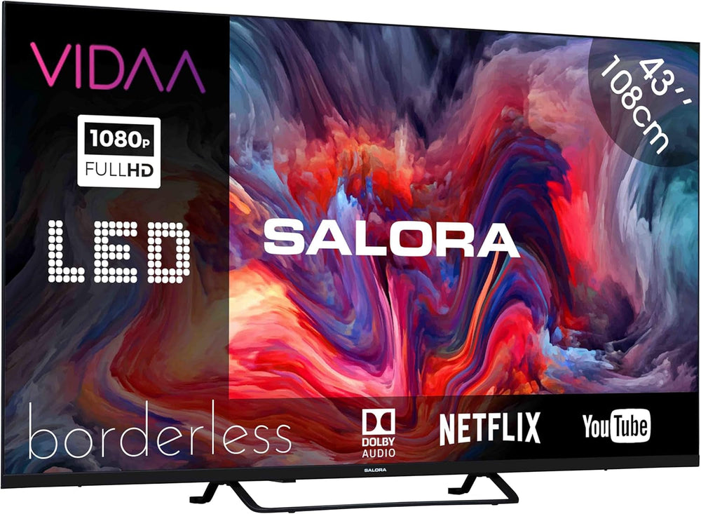 SALORA FOD43FV – Televizor de 43 de inci – Smart TV cu ecran Full HD, Android TV, sistem de operare Vidaa, tuner triplu DVB-T2/S2, WLAN, Ethernet, 3x HDMI, design fără ramă pentru un stil de viață modern