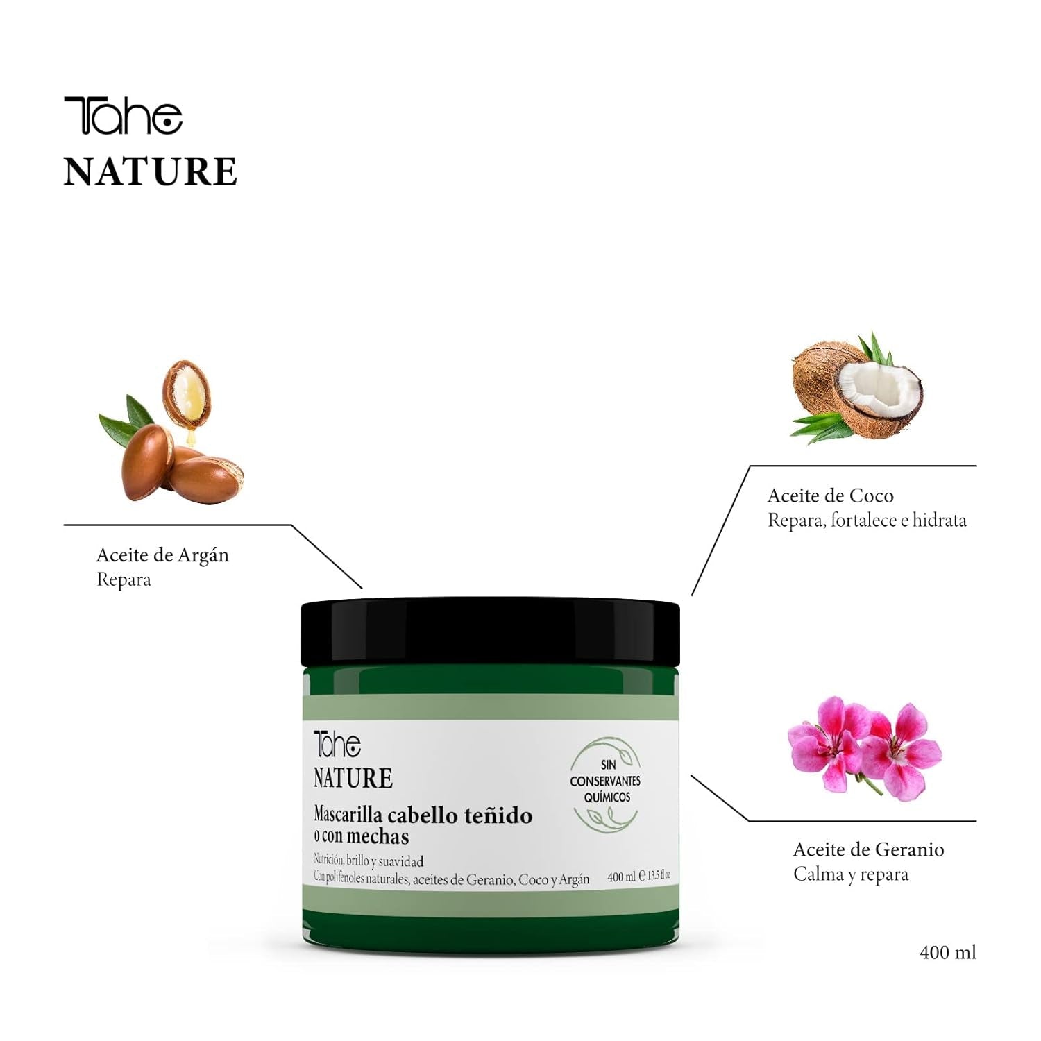 Mască de păr naturală pentru păr vopsit sau evidențiat cu polifenoli naturali, geranium, nucă de cocos și ulei de argan, 400 ml Masca de par Naty Shop