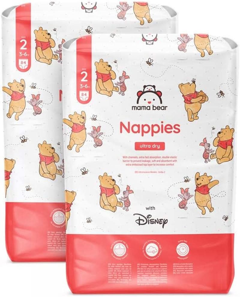 Mama Bear Disney Ultra Dry Bleer størrelse 4 (8-14 kg), hvid, 84 stykker (1 pakke) Naty Shop størrelse 2 (3-6 kg) Månedlig pakke
