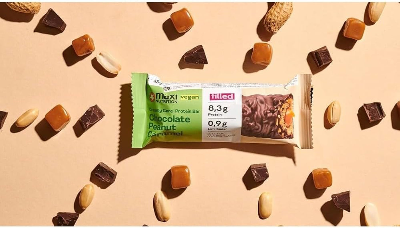 MaxiNutrition Cremet vegansk proteinbar med chokolade, peanuts og karamel 12x45g - vegansk proteinbar, 18% protein, 8,3g pr. bar, lavt sukkerindhold (0,9g), uden tilsat sukker, ingen kunstige smagsstoffer