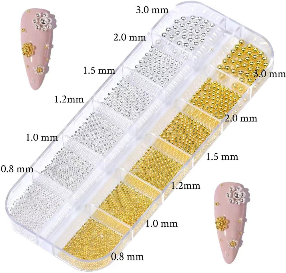 GZMAYUEN Nailart Perlen Micro Kaviar Für Nägel, 0.3-3Mm Goldene Silber Mini Kaviar Strasssteine, Weiß Beige Mini Nägel Perlen Mikroperlen Dekor Für Nägel