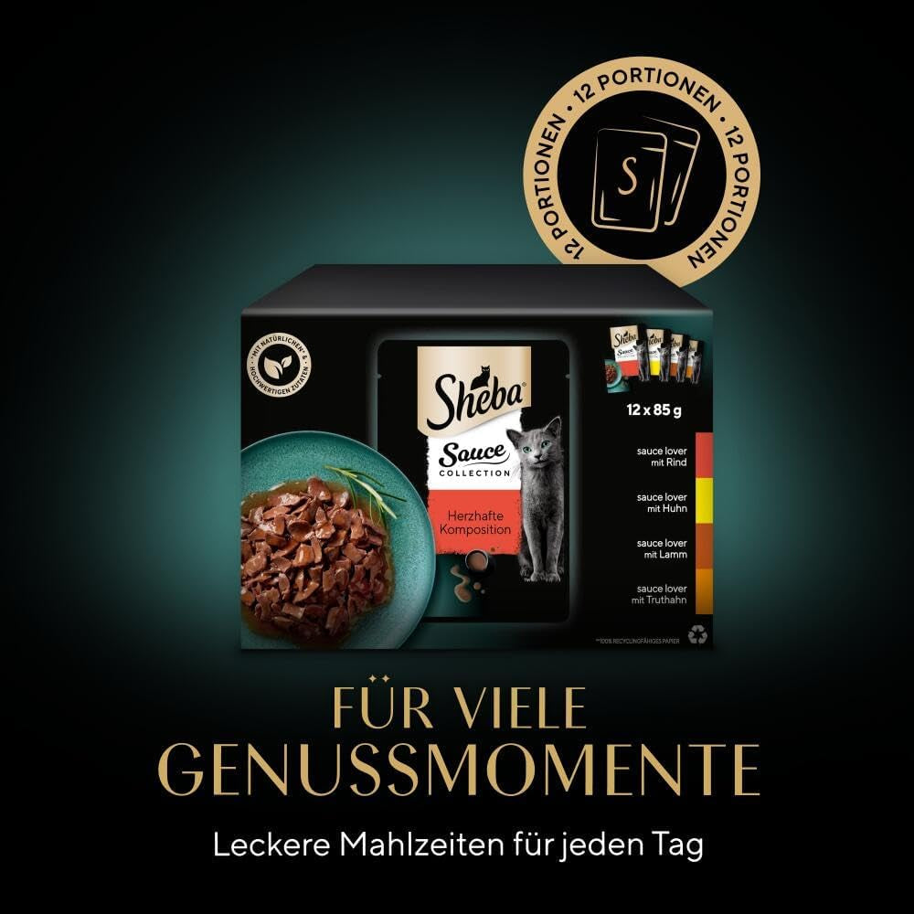 Hrană umedă pentru pisici Sheba Sauce Collection, în pliculețe porționate, pachet multiplu cu compoziție sărată, 4x12x85g