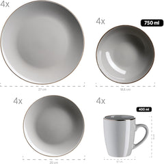 MÄSER Metallic Rim, Modernes Geschirr Set Für 4 Personen Mit Messingfarbenem Rand, 16-Teiliges Kombiservice Mit Randlosen Coupe-Formen, Steinzeug, Grau Seturi vesela masa Naty Shop