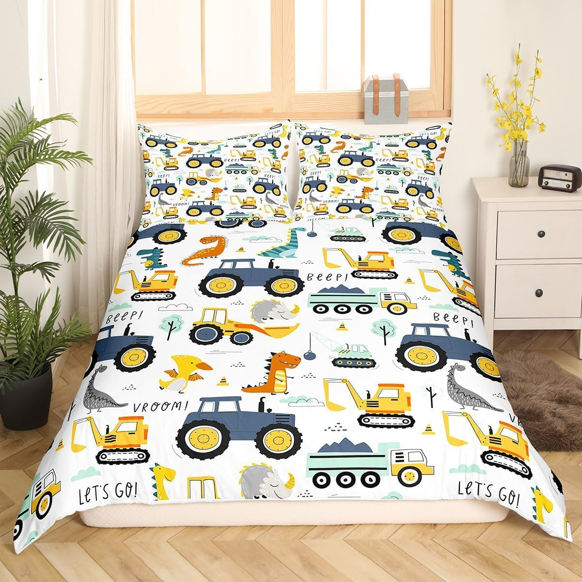 Jungen Cartoon Car Sengetøj Sæt 135X200,Kinder Bau Fahrzeuge Tröster Abdeckung Für Kind Kleinkind Teens,Dinosaurier Bettbezug,Traktor Maschinerie Bagger Bettdecke Abdeckung,Lkw Autos Bettdecke Naty Shop