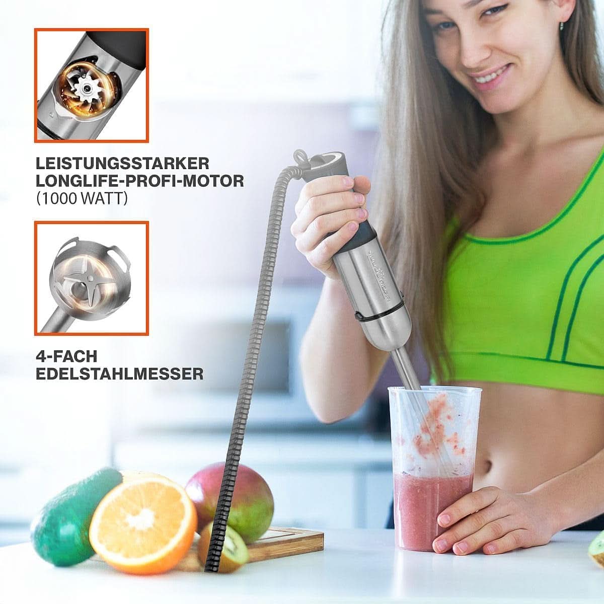 Proficook® 2In1 Stabmixer & Schneebesen | Stabmixer 1000 Watt Für Mixen, Zerkleinern & Pürieren | Smoothie Maker M. Langem Mixstab | Pürierstab M. Edelstahlgehäuse & Soft Touch-Griff | PC-SMS 1220 Mama si Copilul Naty Shop
