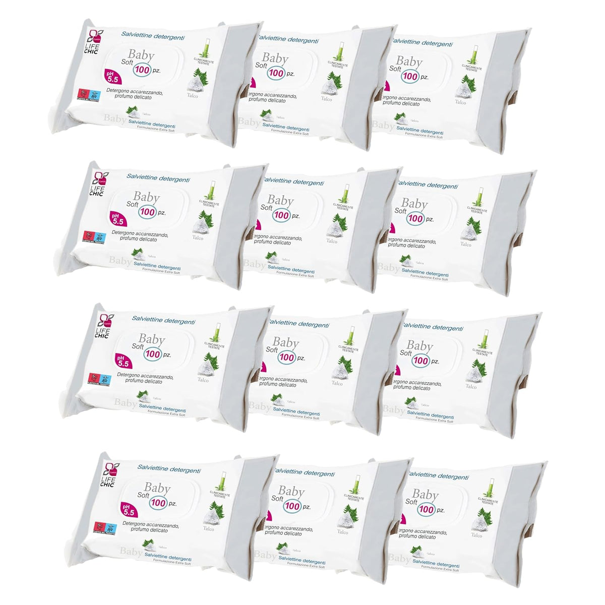 Babyservietter med talkum til følsom hud, alkoholfri, hudvenlig, pH 5,5, let duftende, 1200 Count (12 Pack)