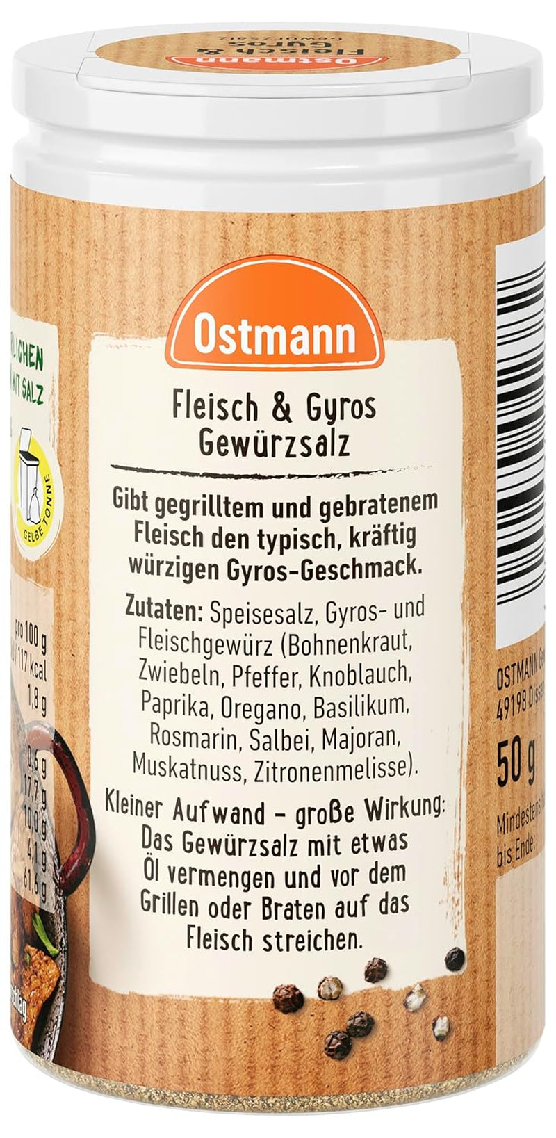 Ostmann Gewürze - Fleisch & Gyros Gewürzsalz | Pikantes Gewürz mit Mediterraner Note for gegrilltes und gebratenes Fleisch | Mit praktischem Streuaufsatz | 50 g i en si