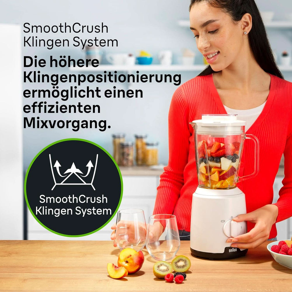 Braun Powerblend 1 JB1050WH - Standmixer Mit 1,5 L Glas-Mixaufsatz, Küchenhelfer Zum Zerkleinern, Pürieren & Mixen, Ice-Crush-Funktion, 2 Geschwindigkeiten, 600 Watt, Weiß Kitchen Naty Shop
