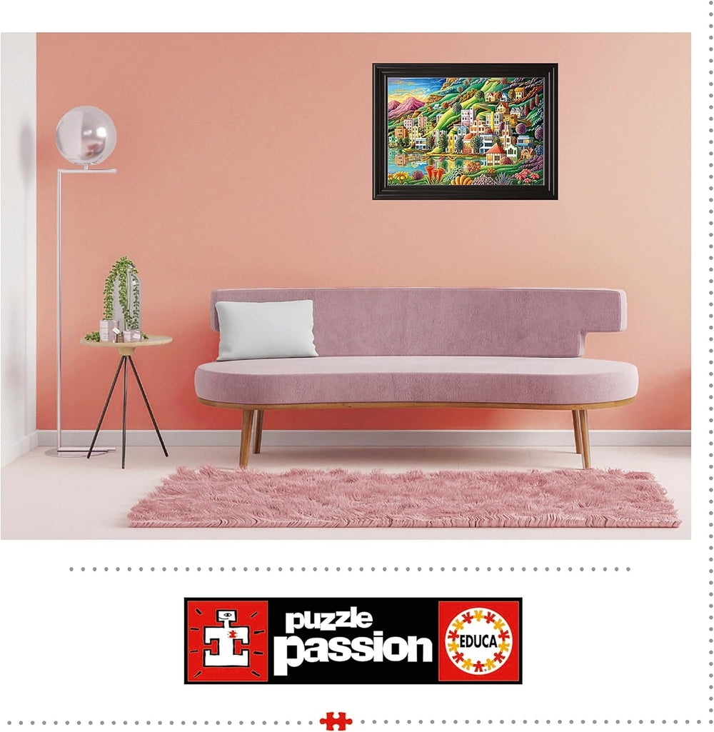 Educa - Puslespil 500 brikker til voksne | Farverig landsby ved søen, 500 brikker for voksne og børn fra 11 år, landskabspuslespil, illustration (19552) Puslespil Naty Shop