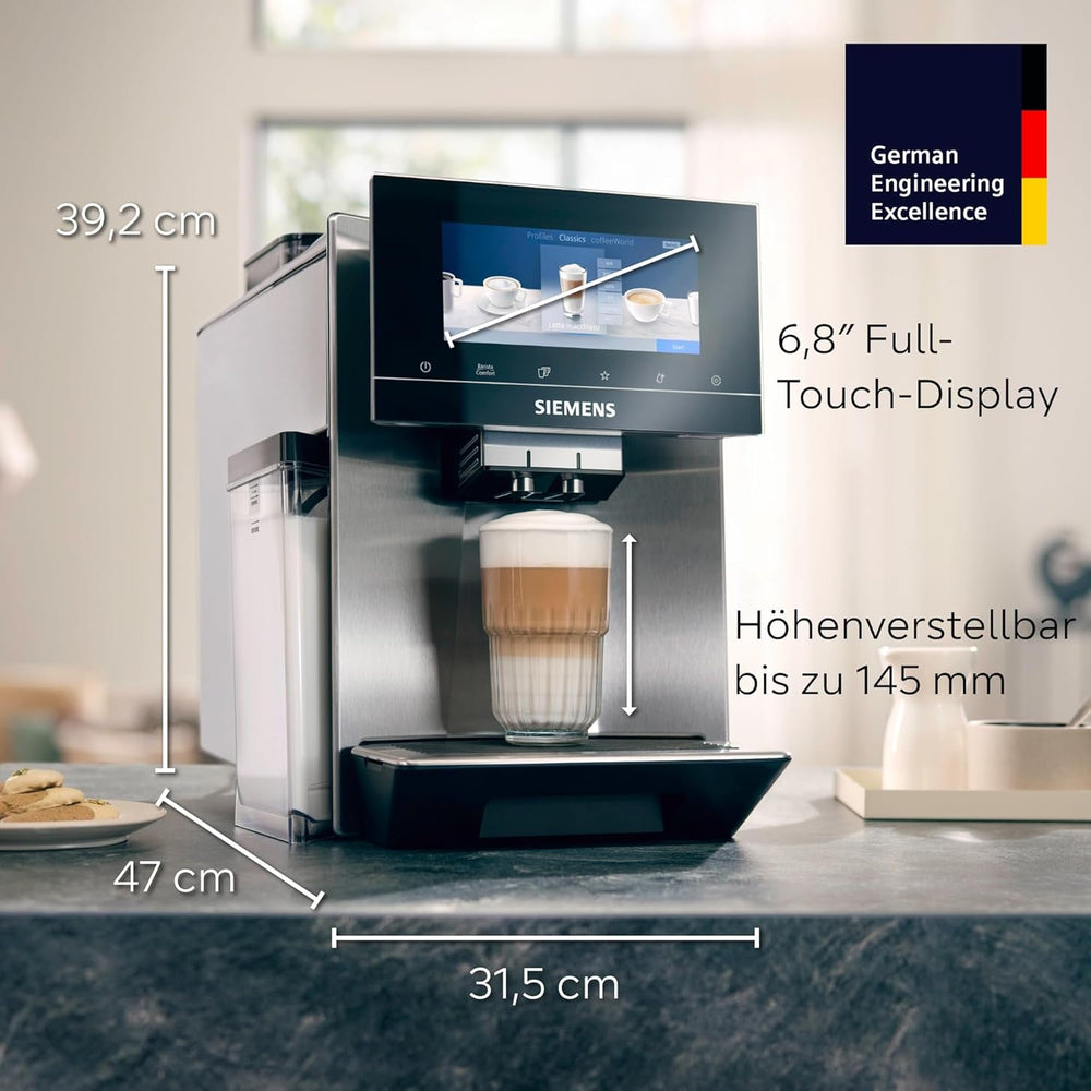 Espressor automat Siemens EQ900, ecran TFT color mare, 2 recipiente pentru boabe, 36 de băuturi calde și reci, cafea rece, super silențios, funcție pentru două cești, control prin aplicație, oțel inoxidabil, TQ907D03