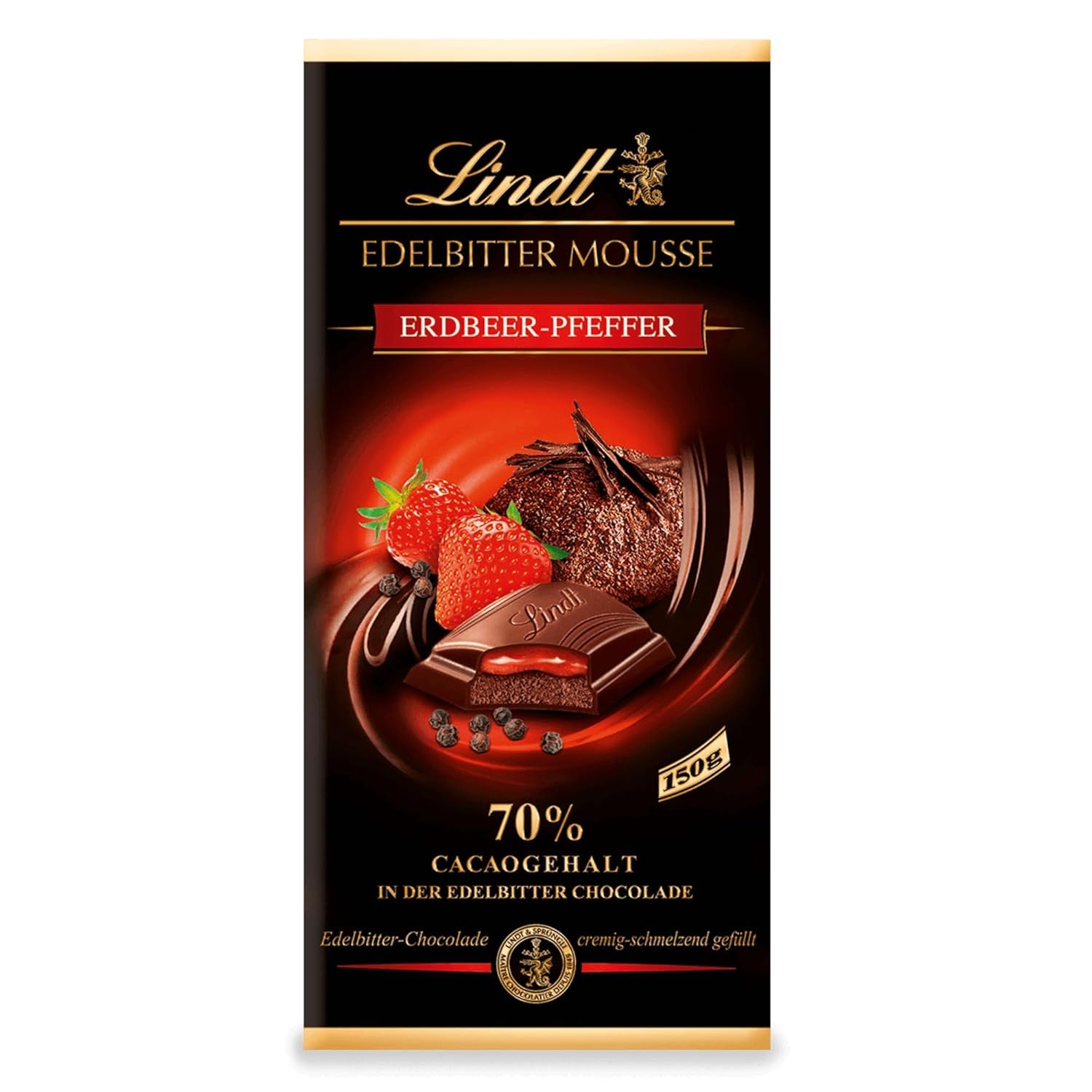 Lindt mørk chokolademousse med chili og kirsebær | Bar 150g | Med 70% kakaoindhold og mørk chokolademoussefyld og kirsebær chili | Chokoladebar | Mørk chokolade