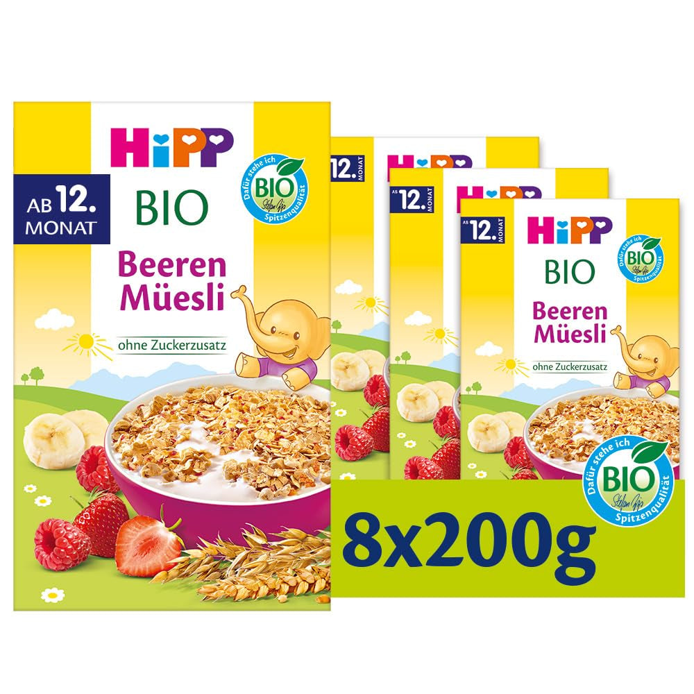 HiPP Bio Beeren-Müesli (8 x 200g), ab 12. Monat, ohne Zuckerzusatz, besonders fine Stückchen - leicht zu chewen, i bedste Bio-Qualität