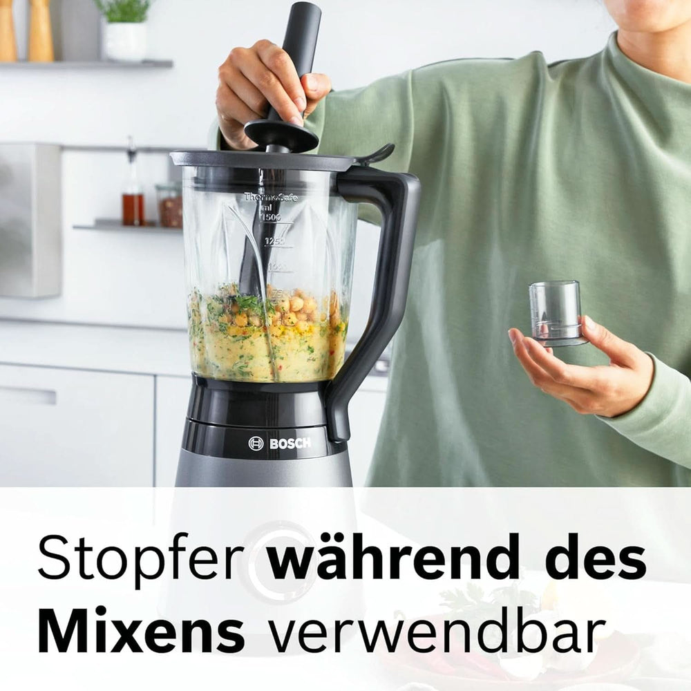 Bosch Standmixer Vitapower Serie 4 MMB6172SN, Verbesserte Version, 10 Jahre Motorgarantie, Edelstahl-Klingen, 1,5L Glasbehälter, Spülmaschinenfeste Teile, 30.000 U/Min, 1200 W, Silver Kitchen Naty Shop