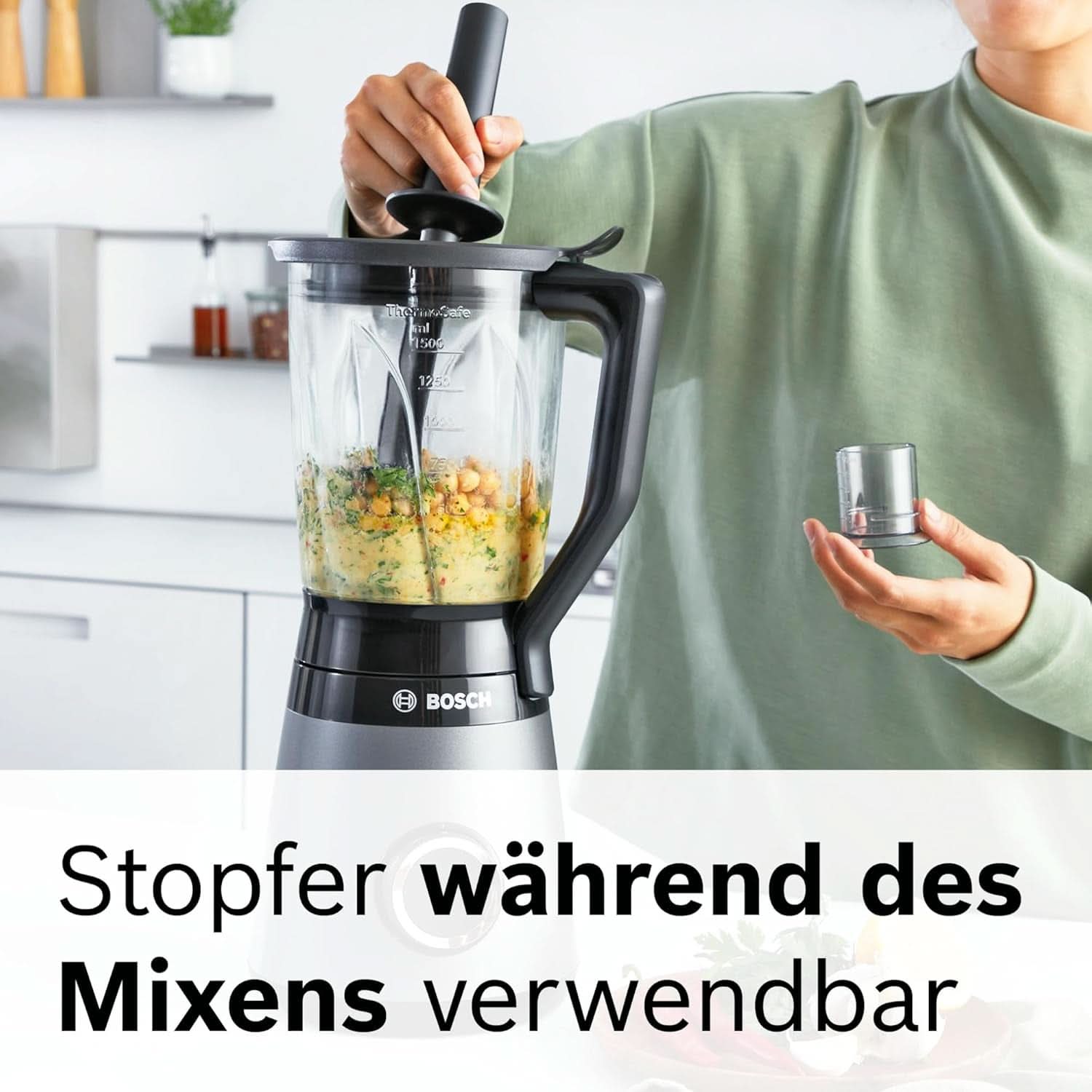 Bosch Standmixer Vitapower Serie 4 MMB6174SN, Verbesserte Version, Hochwertige Edelstahl-Klingen, 1,5L Glasbeholder, 0,6L To-Go-Flasche, Spülmaschinenfeste Teile, 30.000 U/Min, 1200 W, Sølvkøkken Naty Shop
