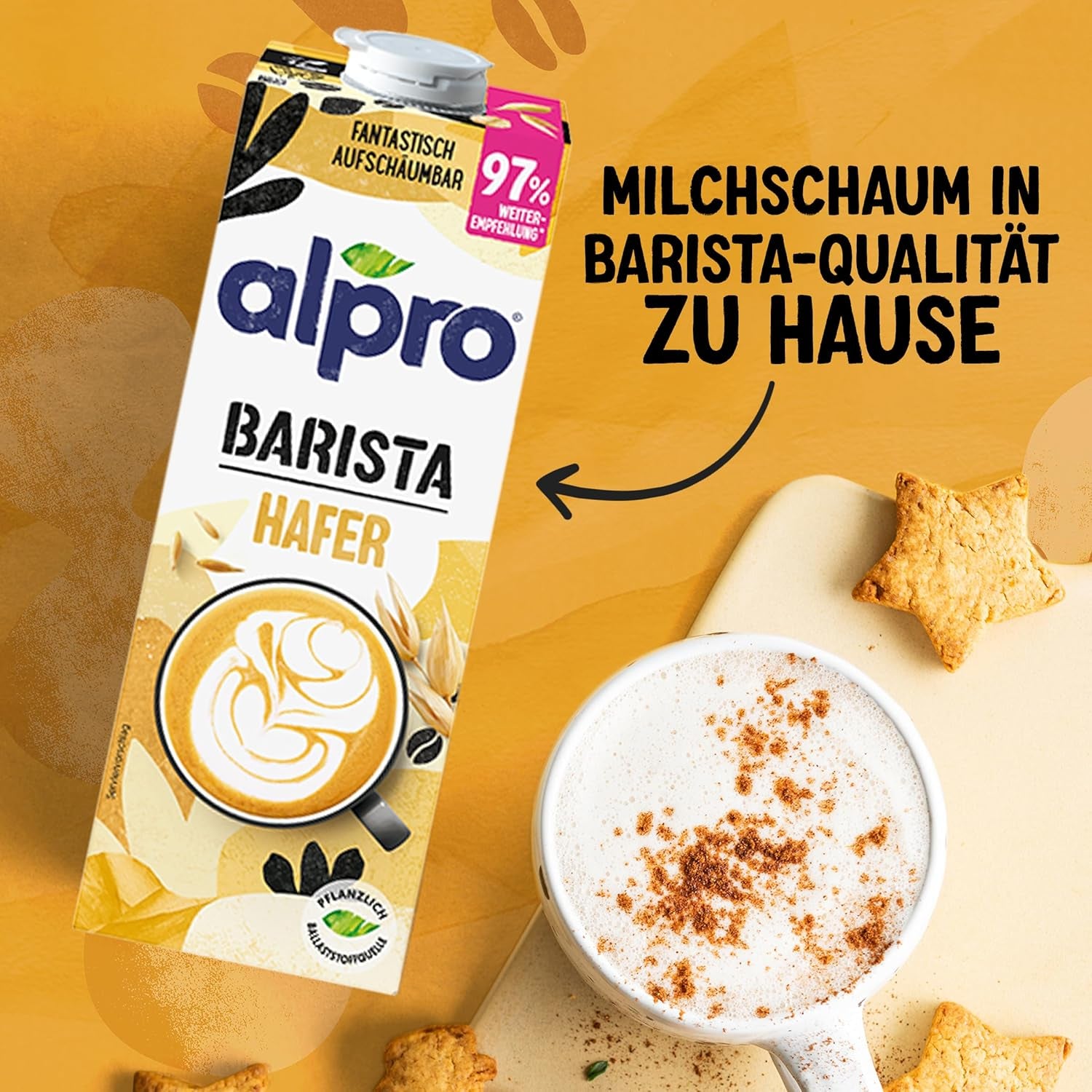 Alpro Barista Haferdrink – Zum Aufschäumen – Vegan und milchfrei – Von Natur aus lactosefrei – Rich an Ballaststoffen, Calcium og Vitaminen – 8 x 1 L – Haltbar