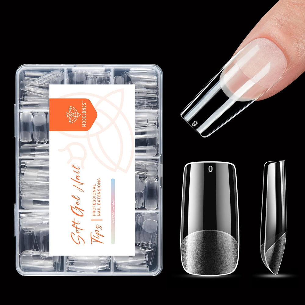 Modelones Tips Unghii 216 Piese - Set Tips Unghii Acoperire Completă, Set Tips Gel Moale, Tips Unghii Rășină PMMA Pre-Lustruire, Unghii Artificiale pentru Lipire pe Nail Art DIY, Migdale Scurte XS