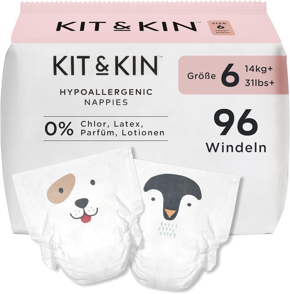 Kit & Kin Premium bleer, størrelse 4 (9-14 kg), 128 count, plantebaseret og allergivenlig, pålidelig lækagebeskyttelse, vegansk og grusomhedsfri