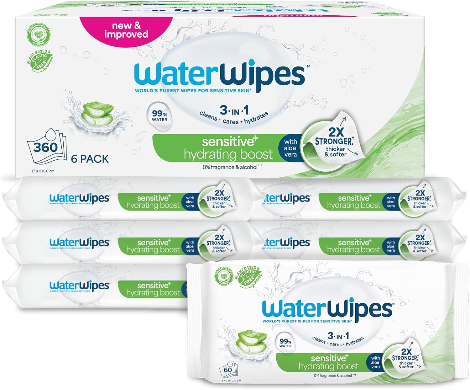 WaterWipes Sensitive+ Hydrating Boost vådservietter, hydrerende servietter, 360 stykker (6 pakke), 3 i 1 rene, pleje, hydrere, 99 % aloe vera vand, uparfumerede babyservietter