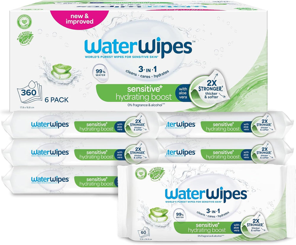 WaterWipes Sensitive+ Hydrating Boost vådservietter, hydrerende servietter, 360 stykker (6 pakke), 3 i 1 rene, pleje, hydrere, 99 % aloe vera vand, uparfumerede babyservietter