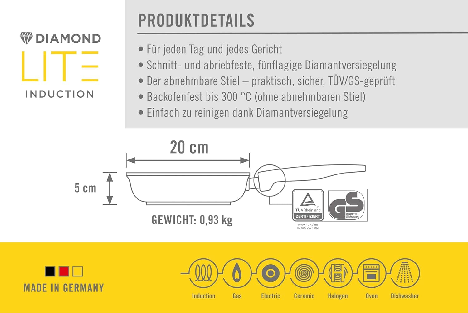 Woll Diamond Lite flad pande - Induktion -, Ø 20 Cm, 5 Cm højde, Med aftageligt håndtag - Velegnet til alle typer kogeplader, Støbt aluminium, Non-stick belægning Gryder og pander Naty Shop
