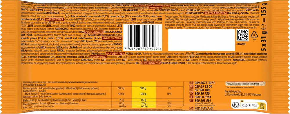 Mælkechokoladeovertrukket jordnøddechokoladebar, lækkert karamelfyld, jordnødder og sprød oblat, bulk slikpakke, 1 pakke (5 x 31 g)