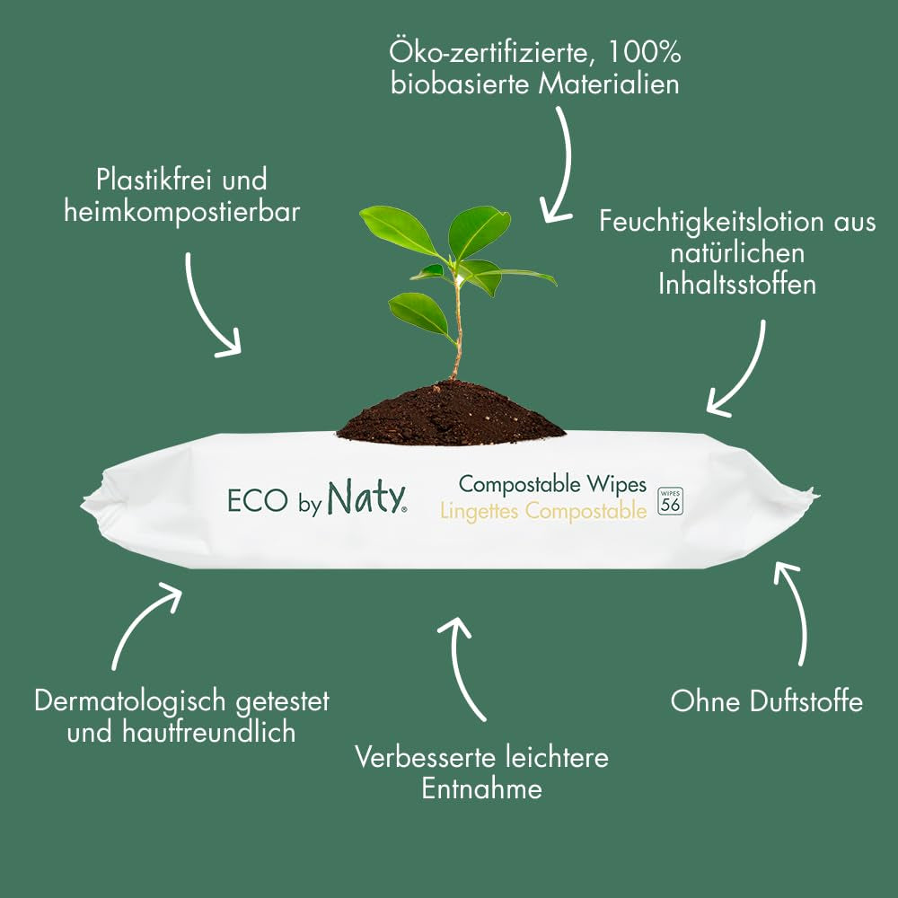 Naty babyservietter | 100% urte- og duftfri til følsom hud | Plastfrie og certificerede komposterbare servietter med 98 % renset vand | 672 servietter (12 pakker)