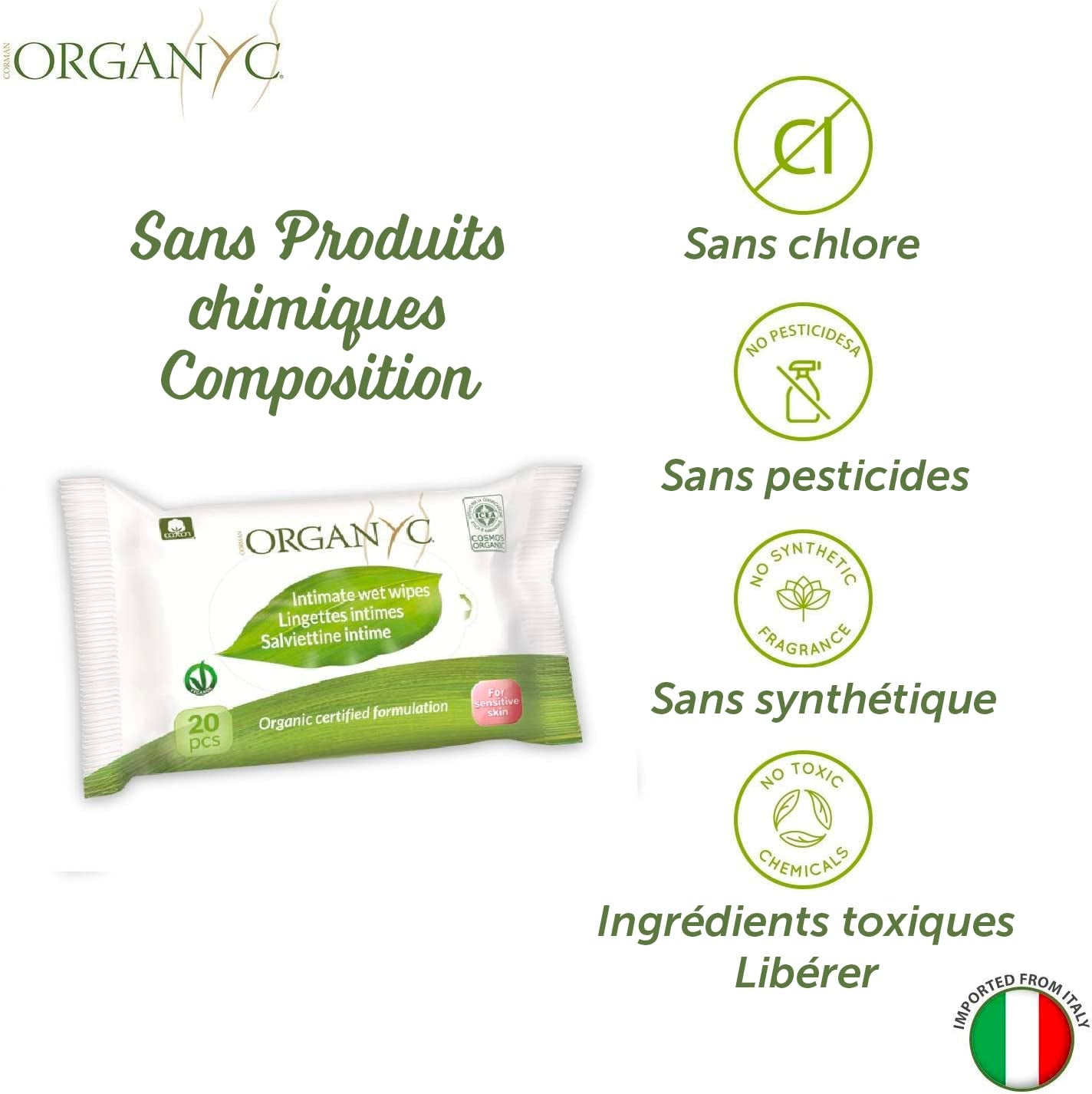 Organyc fugtige intimservietter, lavet af 100 % certificeret økologisk bomuld - 4 pakker med 20 servietter (80 servietter i alt)