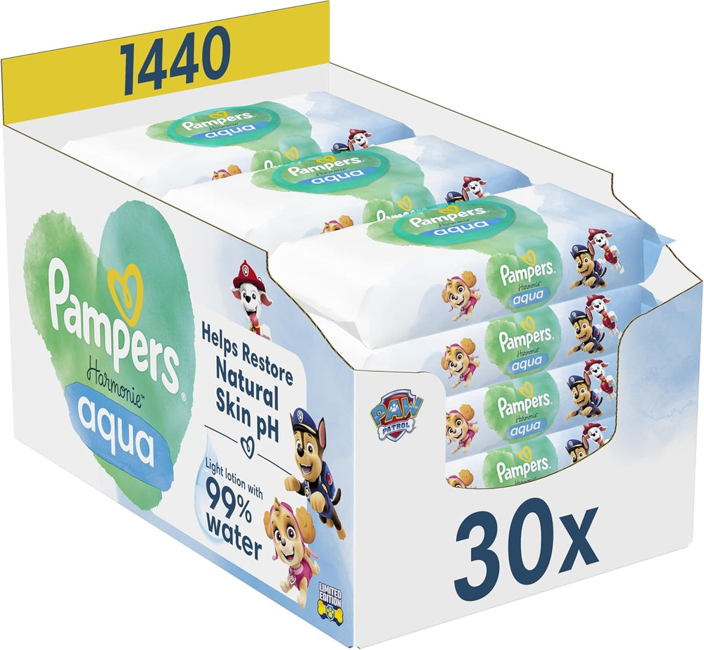 Șervețele umede Pampers Harmony Aqua pentru bebeluși, Patrula Cățelușilor, 15 pachete a câte 48 de șervețele, 720 de șervețele umede pentru bebeluși care ajută la restabilirea echilibrului natural al pH-ului pielii, loțiune ușoară cu 99% apă