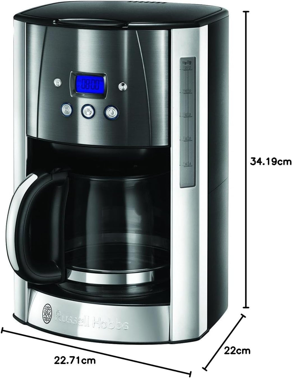 Cafetieră Russell Hobbs Luna Grey [Temporizator digital, Cap de duș pentru extracție și aromă optime] (1 până la 12 cești, Carafă din sticlă de 1,5 l, Placă de încălzire, 1000 W) Cafetieră cu filtru 23241-56