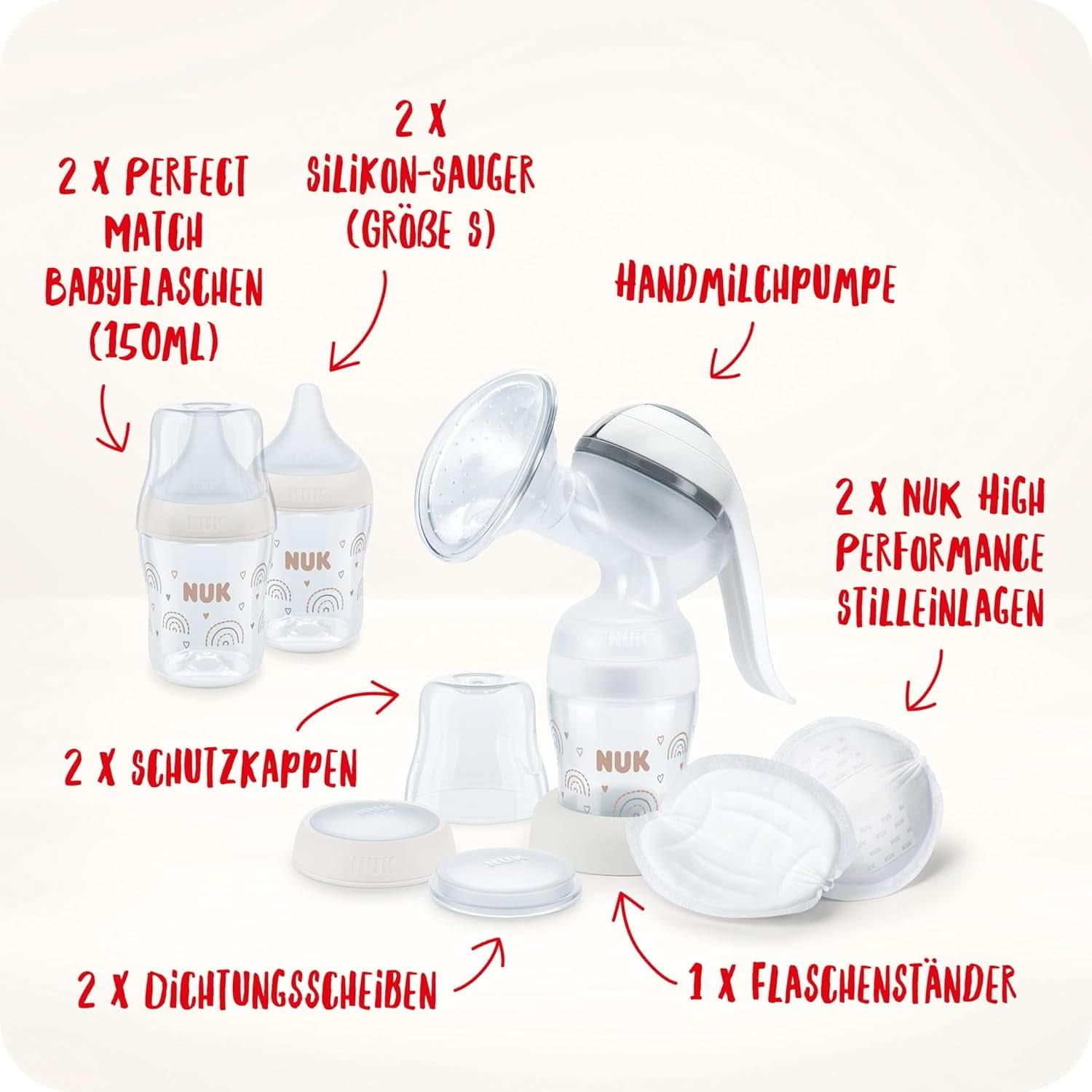 Set pompa de san manuala NUK, Pernă moale din silicon, 2 biberoane perfect combinate, 150 ml Accesorii Hrana si Alaptare Bebe Naty Shop
