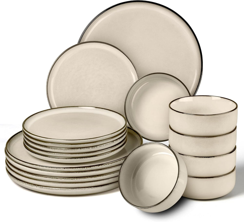 Set de veselă pentru 6 persoane, serviciu de cină din gresie cu 18 piese, set combinat, 6 farfurii de cină, 6 farfurii de desert, 6 boluri pentru cereale, antizgârieturi și potrivit pentru cuptorul cu microunde - Karst Khaki