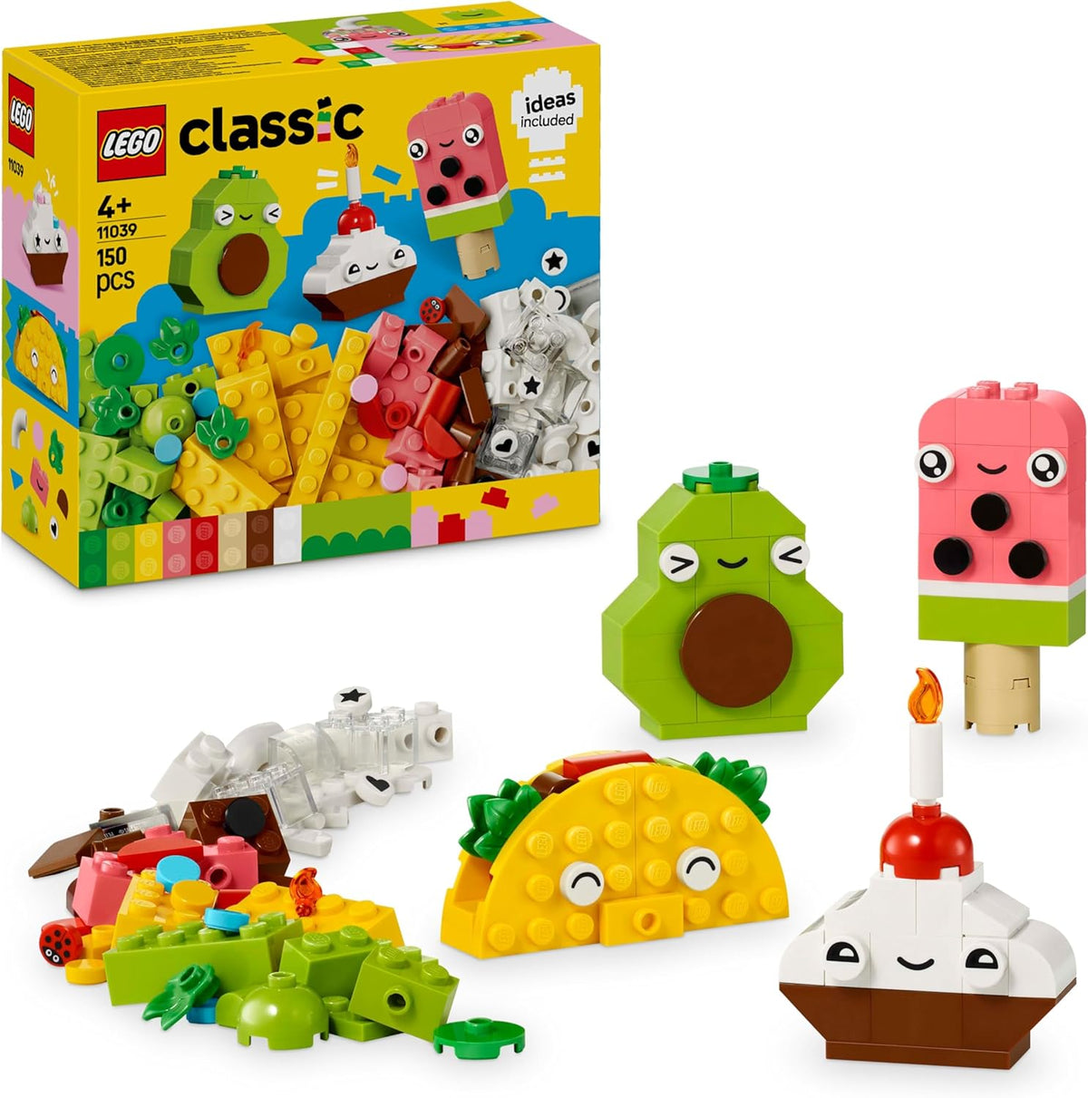 LEGO Classic Creative Snack Bauspaß, Spielzeug mit Essen for fantasievolle Rolenspiele, Bauset für Jungen und Mädchen ab 4 Jahren, Cupcake, Avocado, EIS am Stiel og Taco 11039