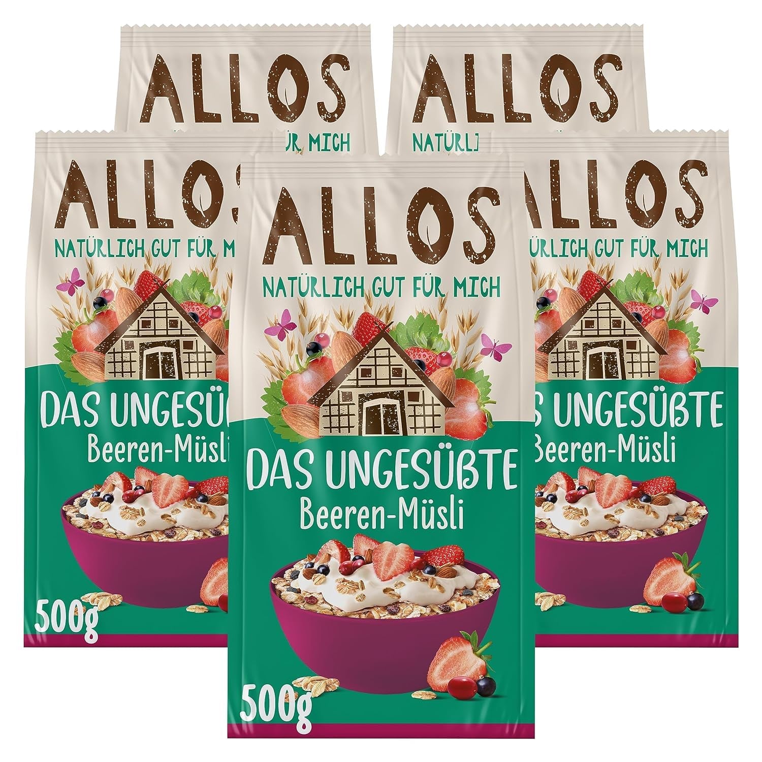 Allos usødet protein müsli | Økologisk müsli | Havregryn | Korn til morgenmad | Vegansk (5 x 450 g), 1 stk (pakke med 5)
