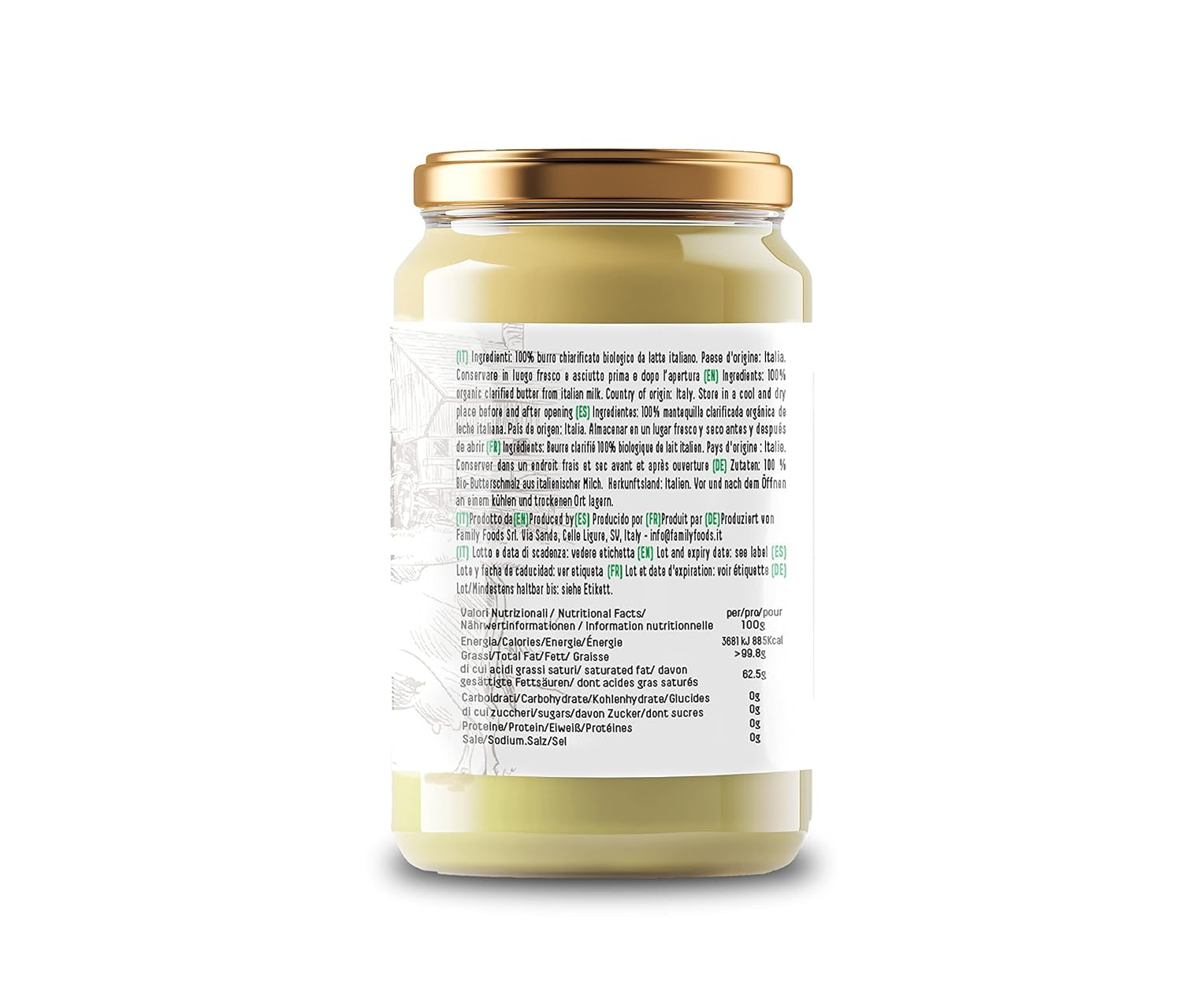 Cibo Bio Ghee 500g – Milch aus Parma & Reggio Emilia – Hergestellt i Italien – Weidekühe – Rauchpunkt 250°C – Aus Centrifugensahne