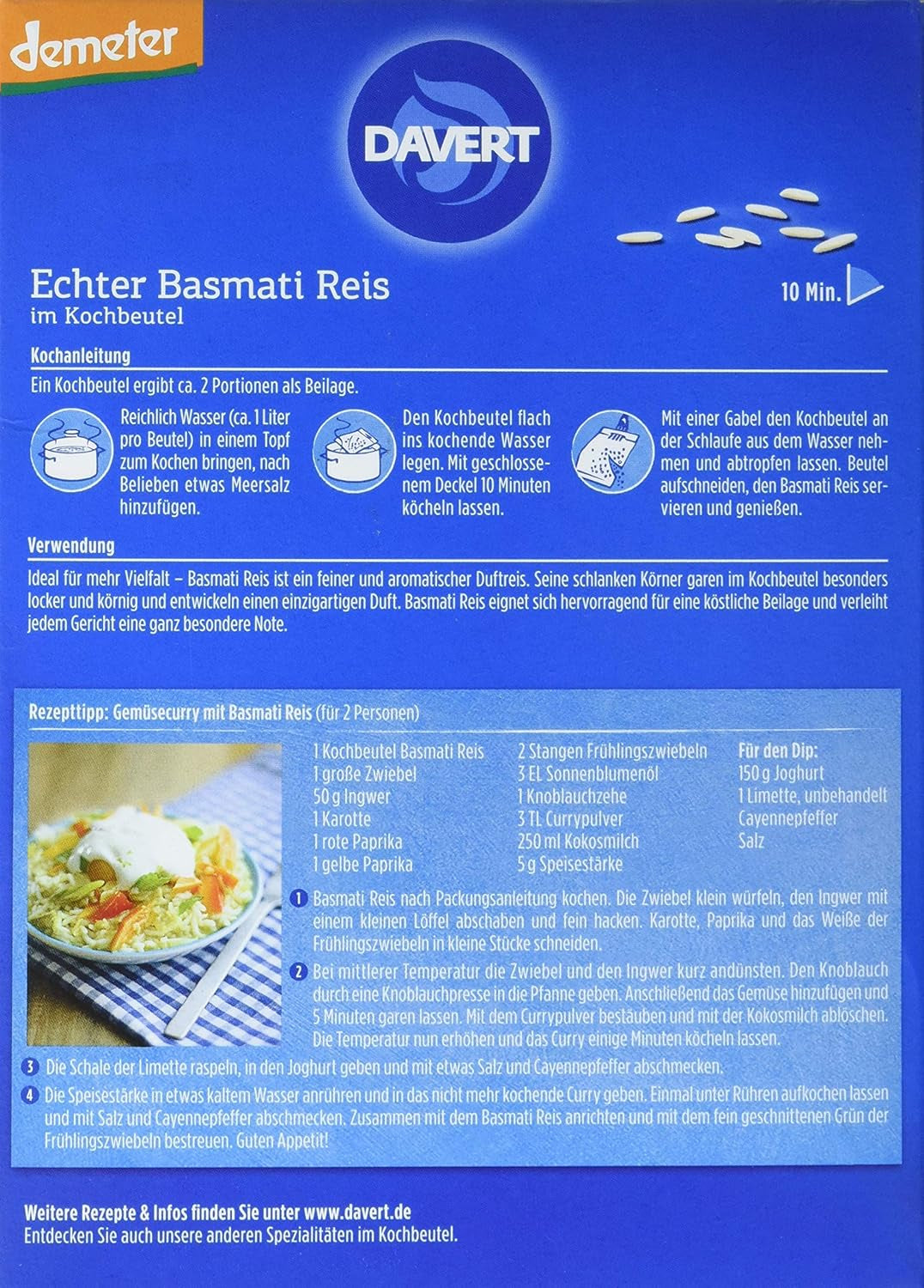 Davert økologiske basmatiris i kogeposer, 2 poser, 250g