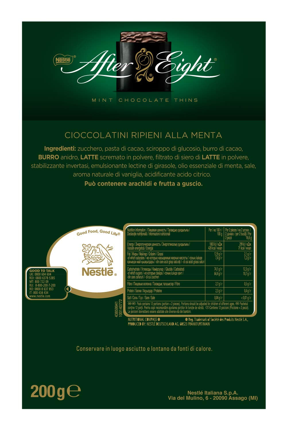 NESTLÉ AFTER EIGHT Tynde mørke chokoladefirkanter med myntecremefyld til feinschmeckere Pakke med 5 (1 x 200 g)