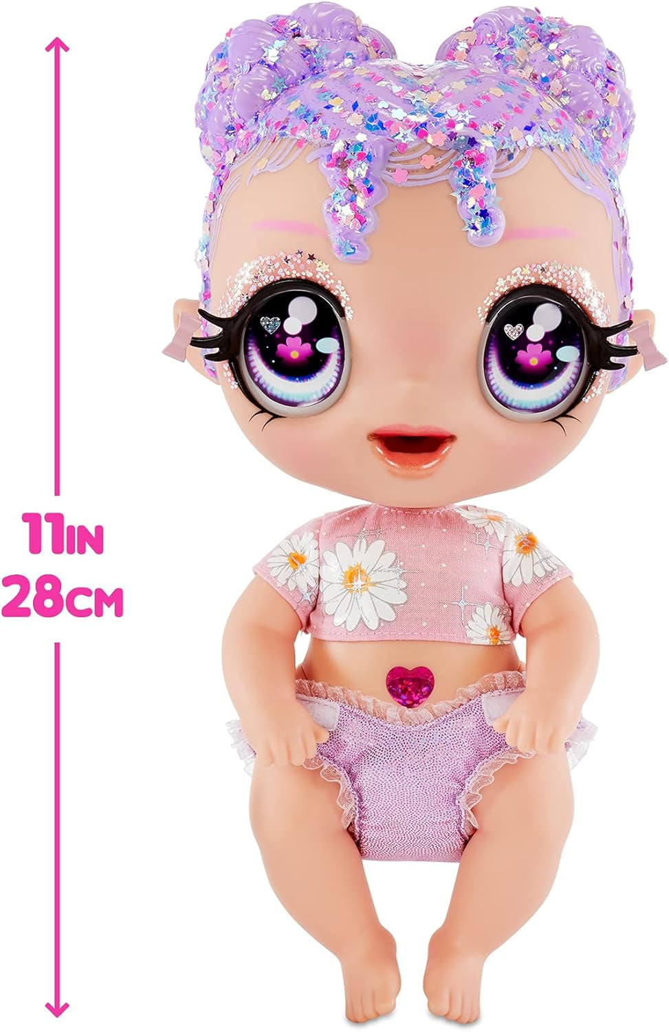 MGA Glitter Babyz - LILA WILDBLOOM - Babypuppe mit 3 magischen Farbwechseln durch eiskaltes Wasser - mit lila Glitzer-Haar, Wildblumen-Outfit, Windel, Flasche und Schnuller - Für Kinder ab 3 Jahren