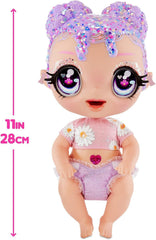MGA Glitter Babyz - LILA WILDBLOOM - Babypuppe mit 3 magischen Farbwechseln durch eiskaltes Wasser - mit lila Glitzer-Haar, Wildblumen-Outfit, Windel, Flasche und Schnuller - Für Kinder ab 3 Jahren