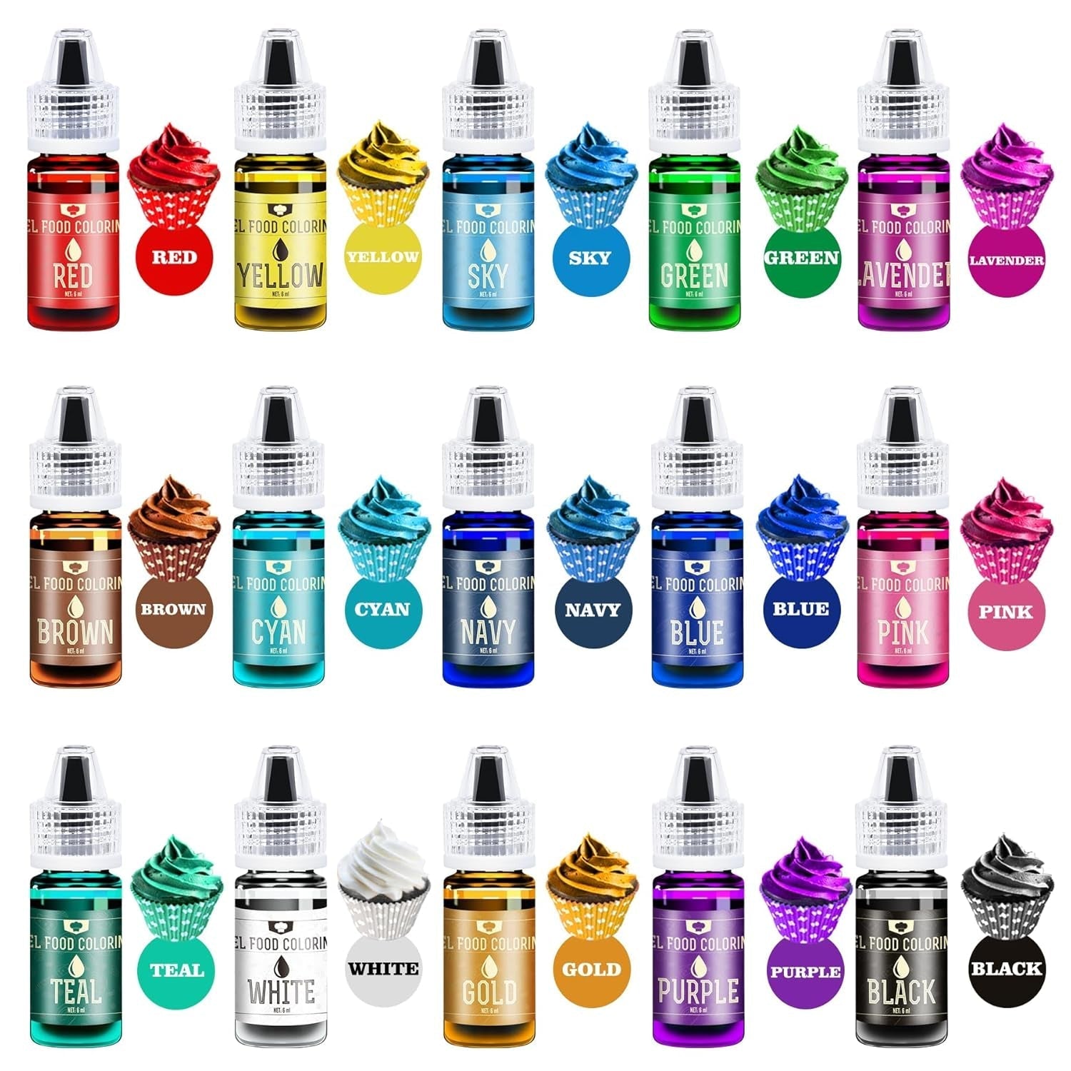 Colorant alimentar cu gel - 16 coloranți alimentari vibranți pentru copt, decorarea torturilor, glazură, fursecuri, fondant și macaroane - Colorant alimentar cu gel pentru fabricarea săpunului și meșteșuguri - 6 ml fiecare