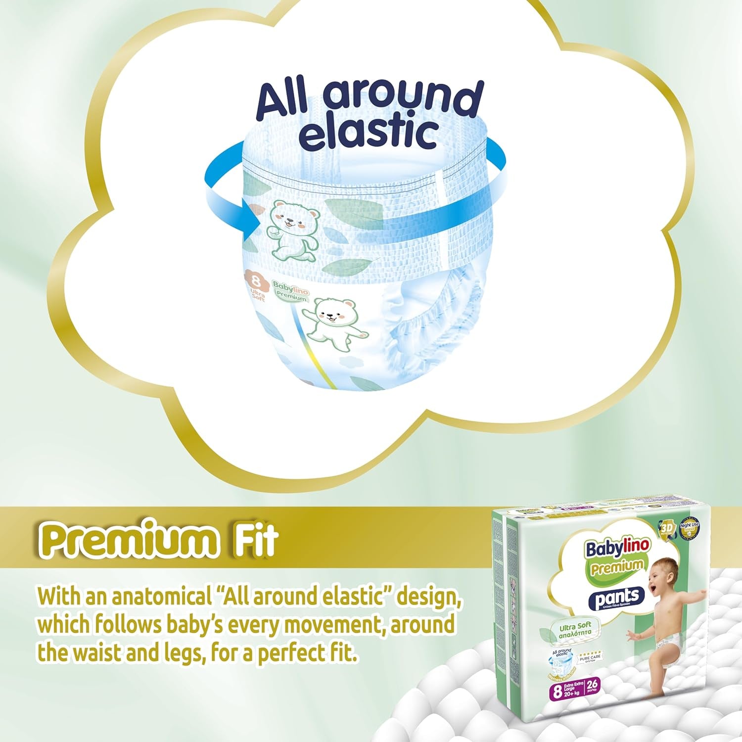 Premium bukser størrelse 8 med ultra-blødt filter, XXL (20+ kg), 104 stk.