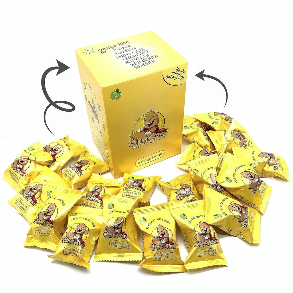 Cutie cu 20 de fursecuri cu ghinion | 20 de fursecuri cu o glumă, întrebare și răspuns într-un fursec cu ghinion, idee de cadou amuzant fabricat în Germania, pentru zile de naștere, petreceri de burlăcițe, sărbători în familie, Crăciun, Revelion