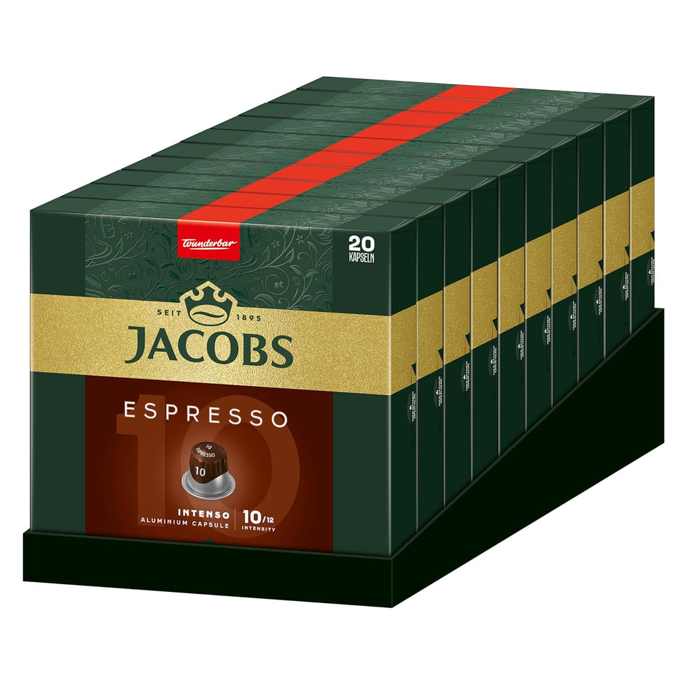 Jacobs Kaffeekapseln Espresso Intenso, Intensität 10/12, 10 x 20 Getränke, Nespresso* kompatible Kaffee Kapseln, 200 Kapseln