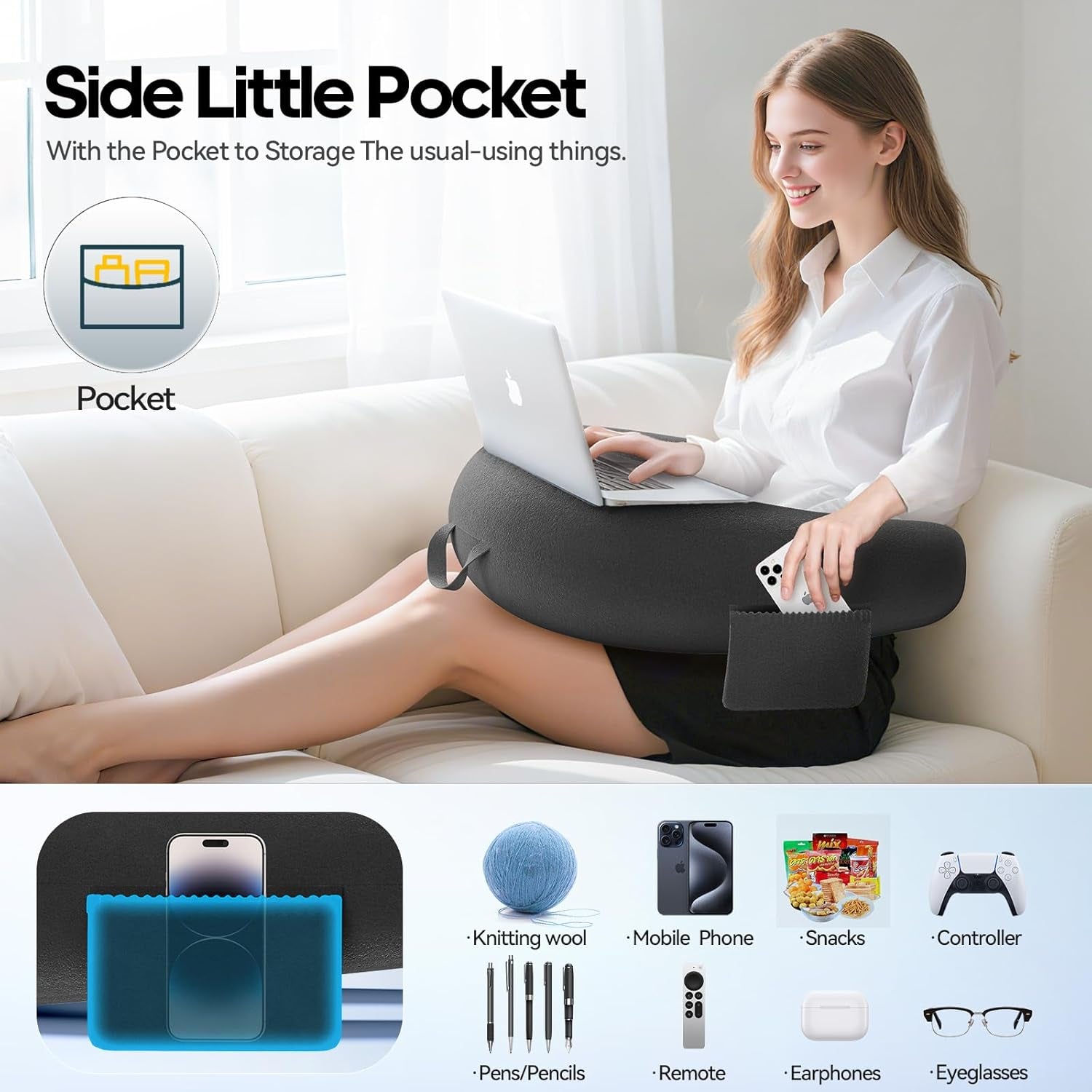 Pernă de gaming și citit, pernă de citit pentru stat pe pat/canapea/podea, pernă de hrănire/croșetat cu pernă de gaming mare și ergonomică, pernă de gamer pentru iPad/laptop - Negru